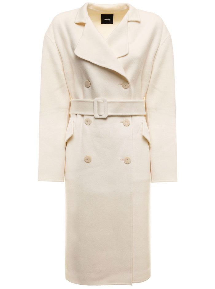 Double-Breasted Wool And Cashmere White Long Coat Theory Woman