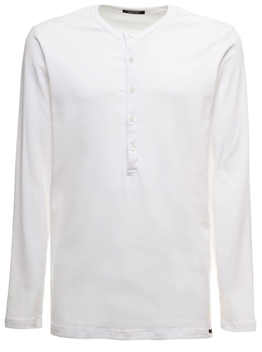 Henley White Cotton Long Sleeved T-Shirt Man Tom Ford Elastane Jersey