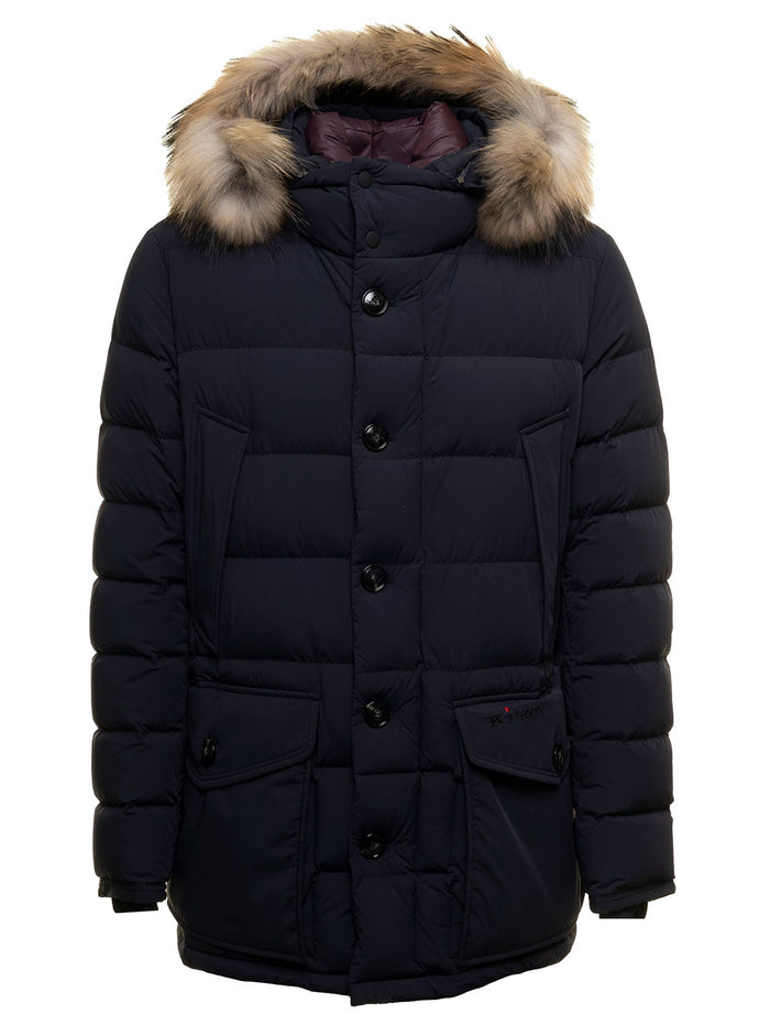 Blue Quilted Nylon Down Jacket With Fur Hood Kiton Man Blu Polyamide Elastane