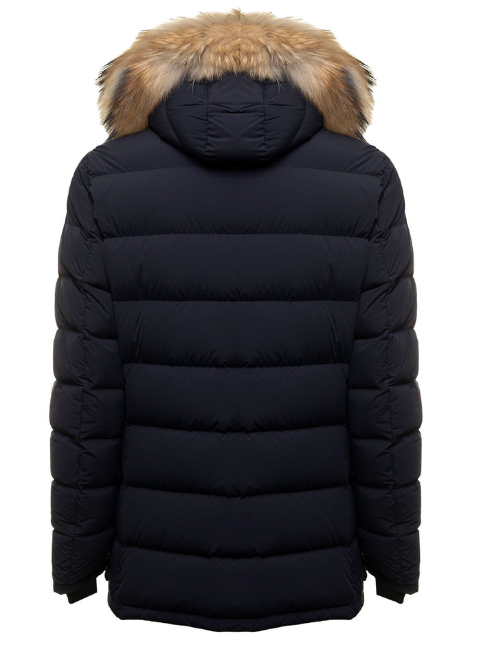 Blue Quilted Nylon Down Jacket With Fur Hood Kiton Man Blu Polyamide Elastane