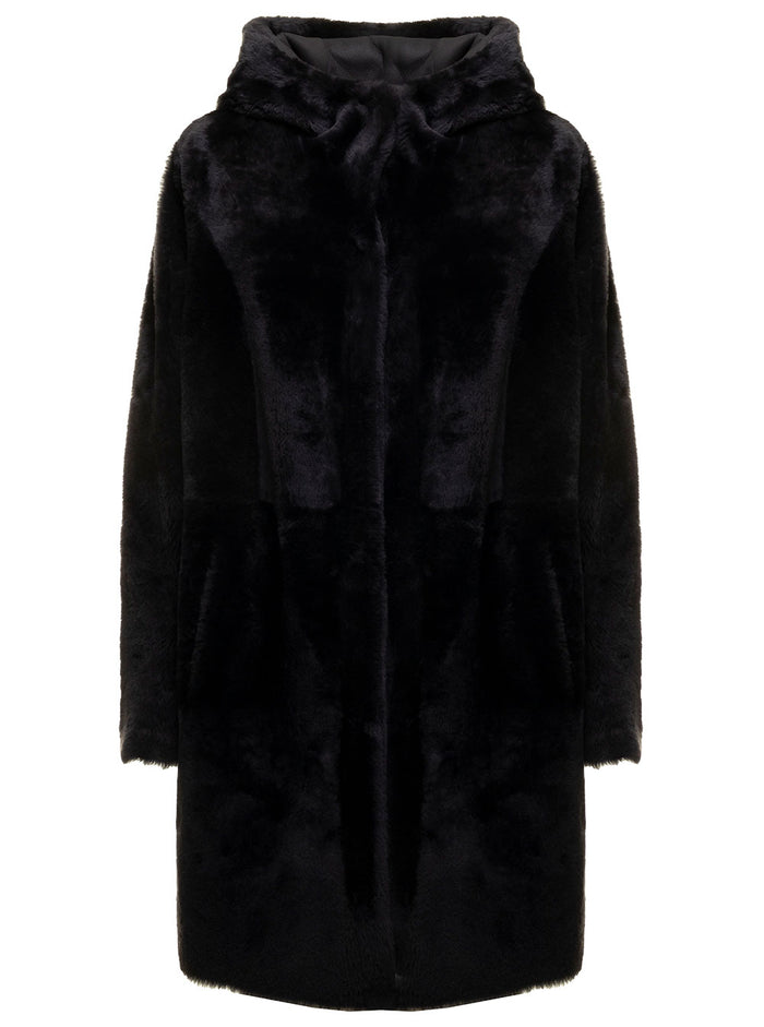 Black Single Breasted Hooded Sheepskin Arma Woman Grey Sheep Shearling Jackets And Furs