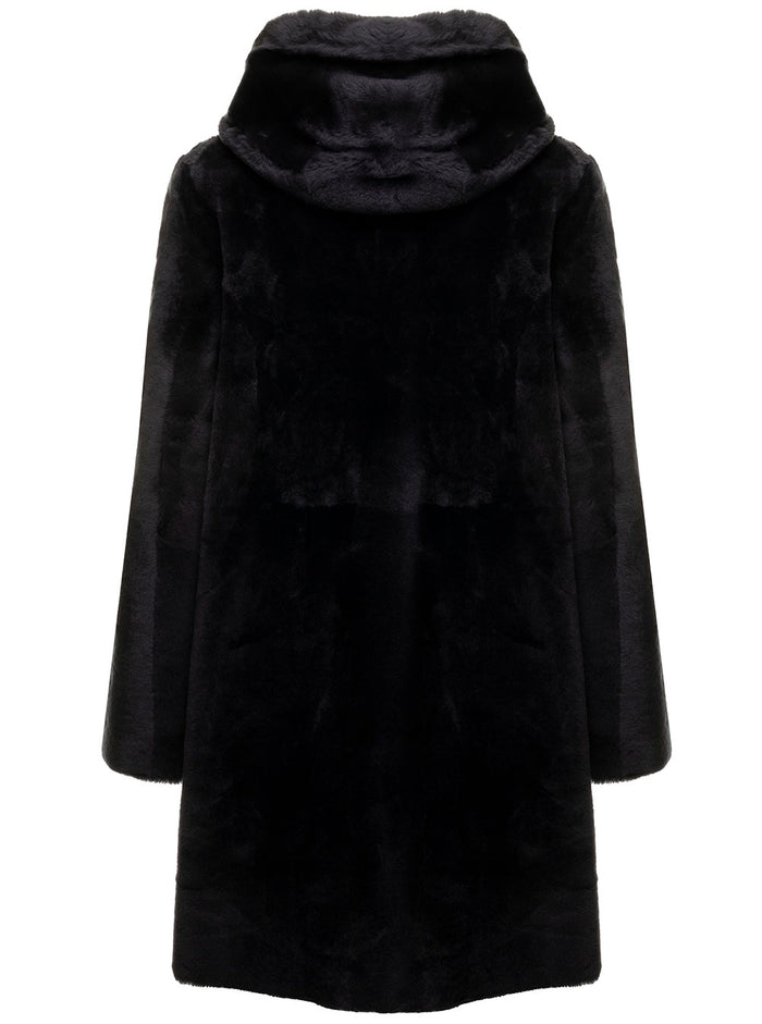 Black Single Breasted Hooded Sheepskin Arma Woman Grey Sheep Shearling Jackets And Furs