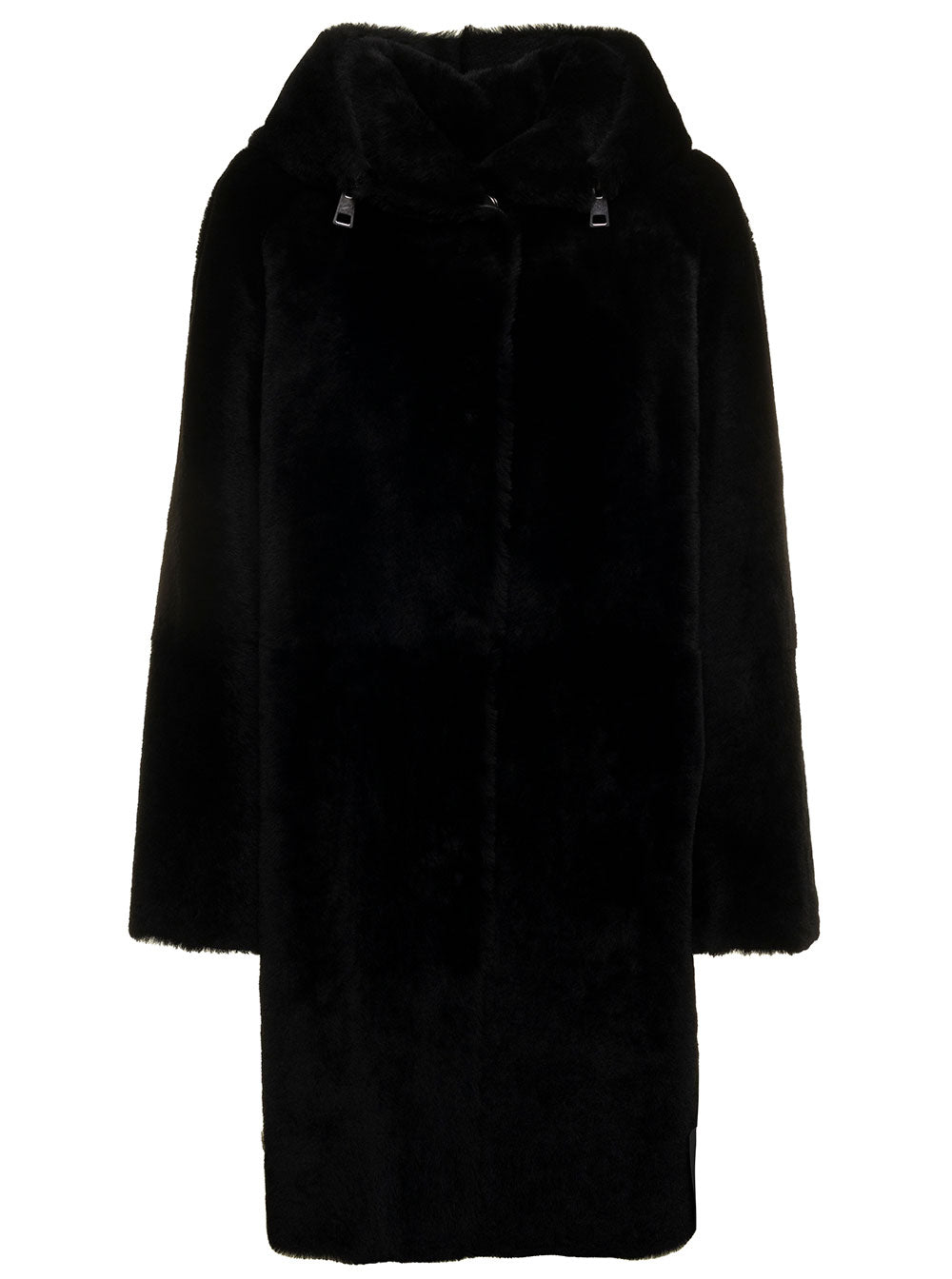 Black Hooded Sheepskin Coat Supreme Woman Shearling Jackets And Furs