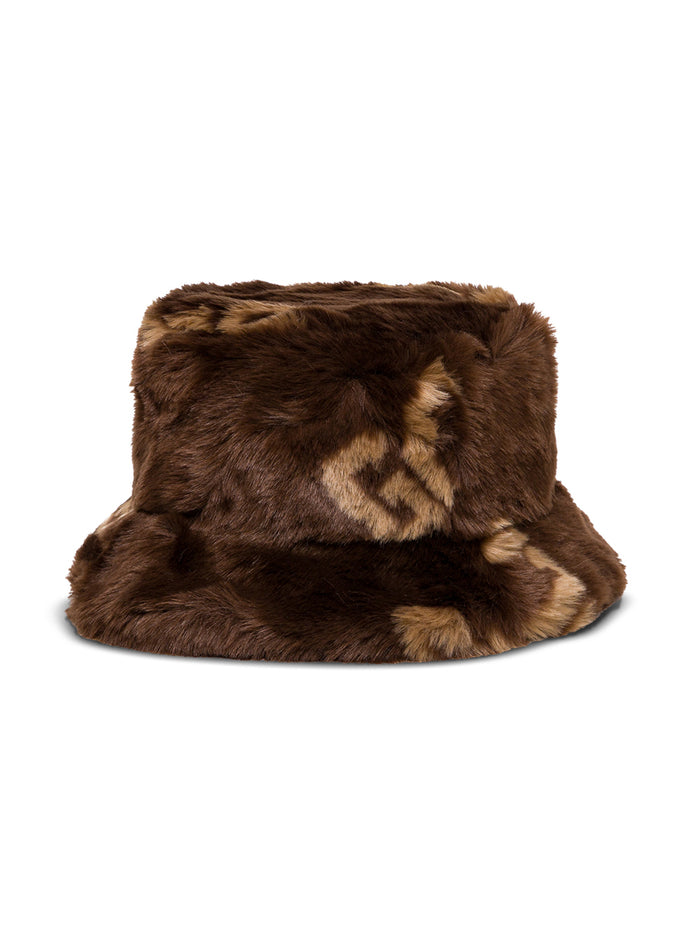Brown Bucket Hat Faux Fur With Allover Logo Vs. Pelliccia + Fodera Cotone And Gloves