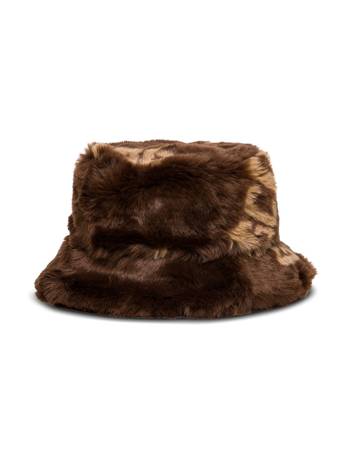 Brown Bucket Hat Faux Fur With Allover Logo Vs. Pelliccia + Fodera Cotone And Gloves