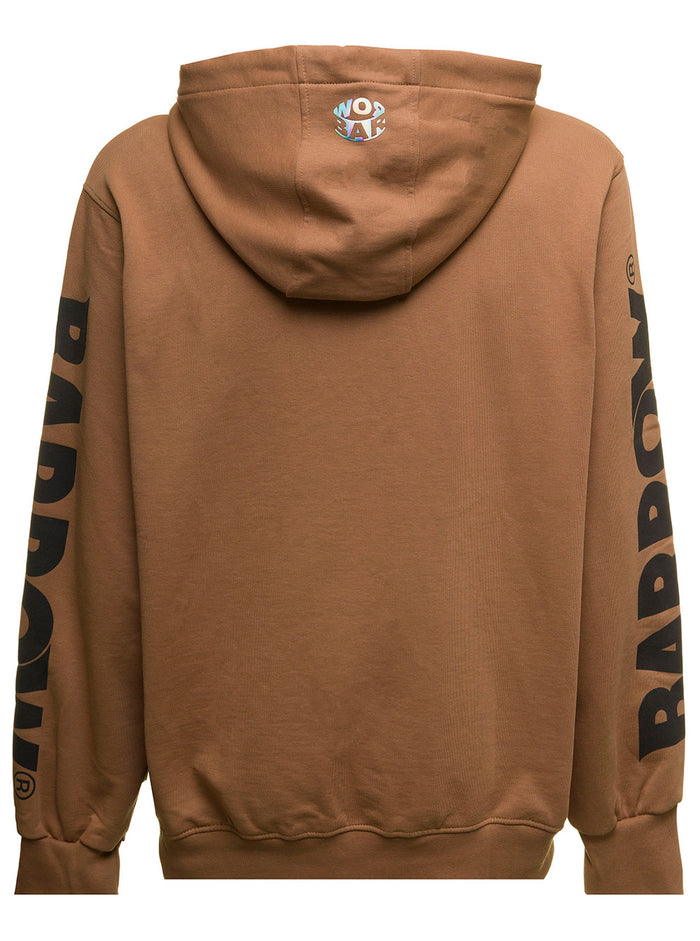 Burned Brown Felted Cotton Hoodie With Logo Print Barrows Man Sweatshirts