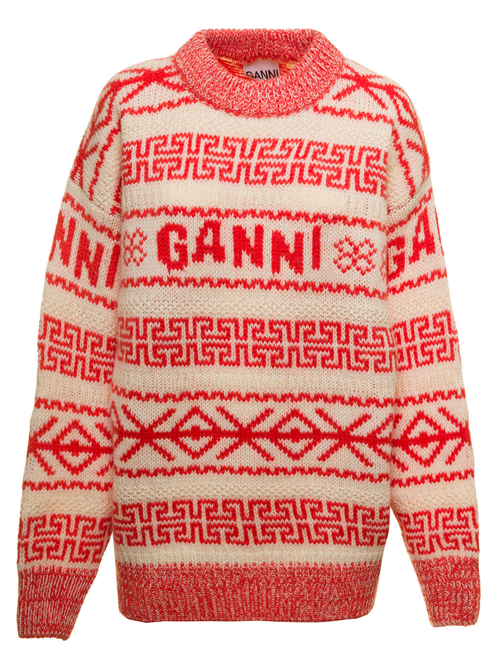 Beige And Orange Wool Sweater With Jacquard Motif Ganni Woman Jersey