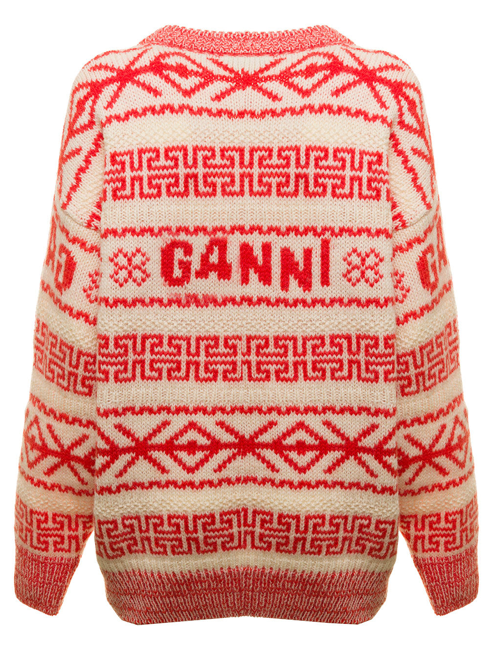 Beige And Orange Wool Sweater With Jacquard Motif Ganni Woman Jersey