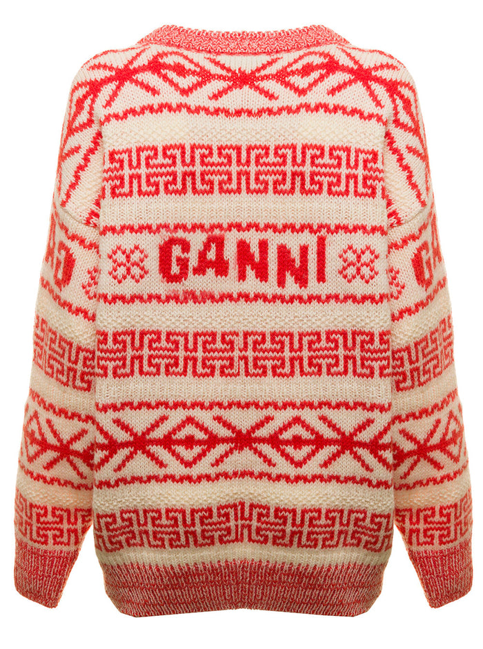 Beige And Orange Wool Sweater With Jacquard Motif Ganni Woman Jersey