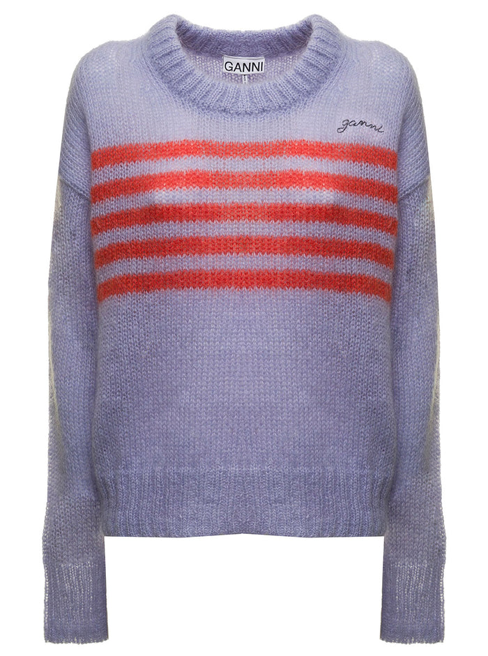 Lilac Mohair Wool Sweater With Jacquard Striped Pattern Ganni Woman Jersey