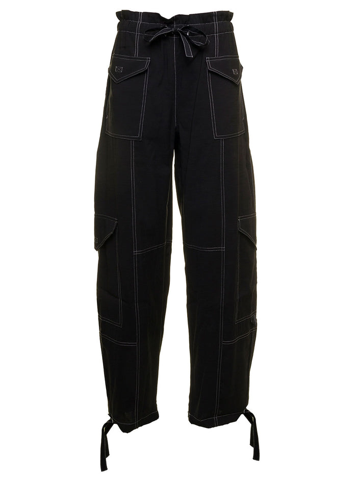 Black Slub Cargo Trousers Canvas With Contrast Stitching Ganni Woman Polyester