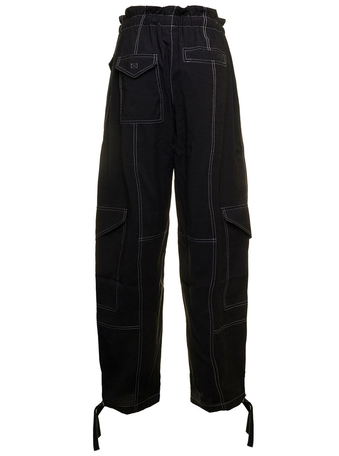 Black Slub Cargo Trousers Canvas With Contrast Stitching Ganni Woman Polyester