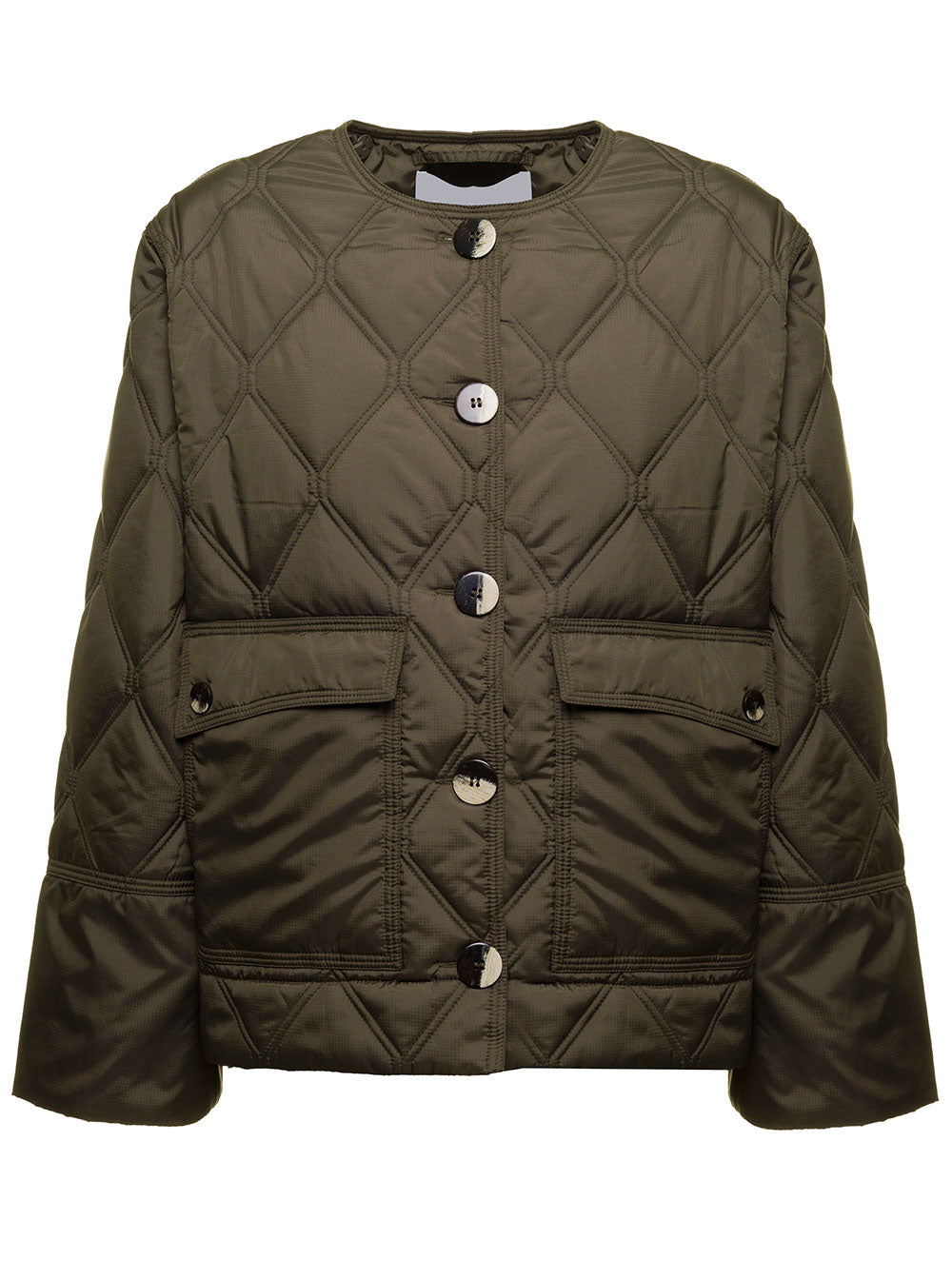 Army Green Ripstop Quilted Crop Jacket Ganni Woman Polyester Blazers