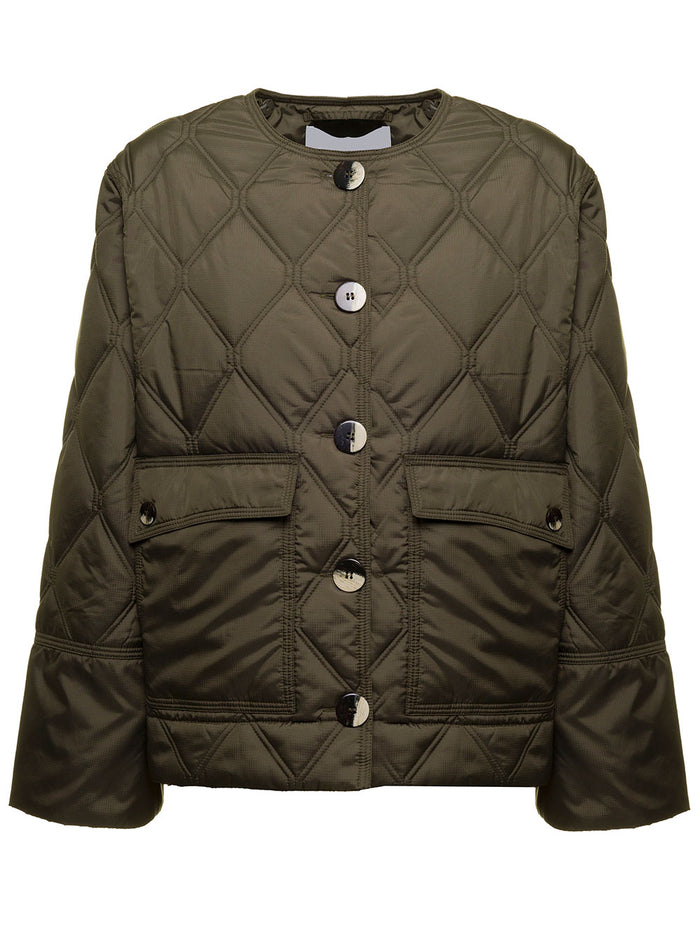Army Green Ripstop Quilted Crop Jacket Ganni Woman Polyester Blazers