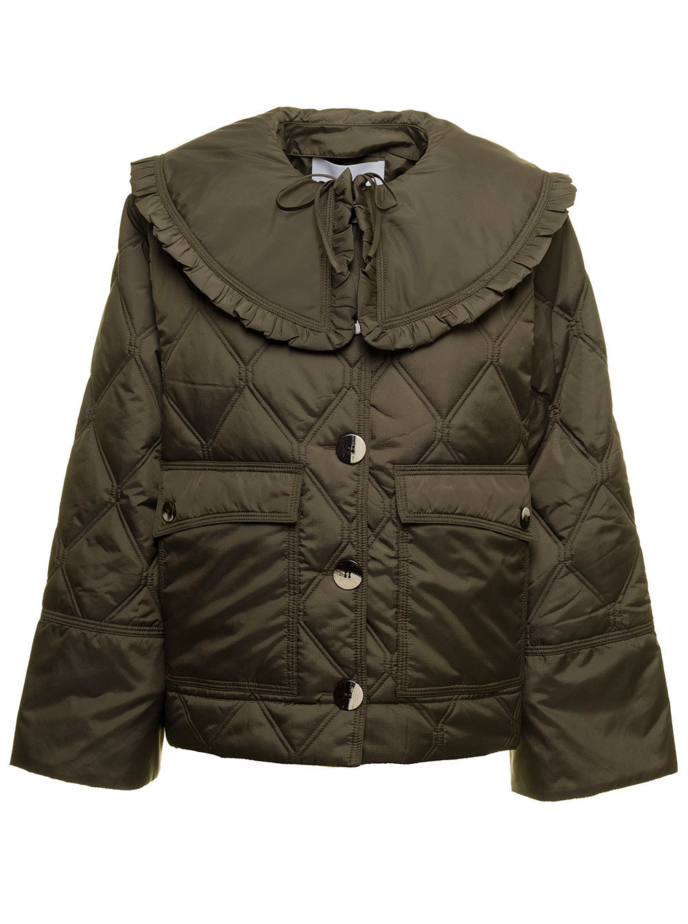 Army Green Ripstop Quilted Crop Jacket Ganni Woman Polyester Blazers