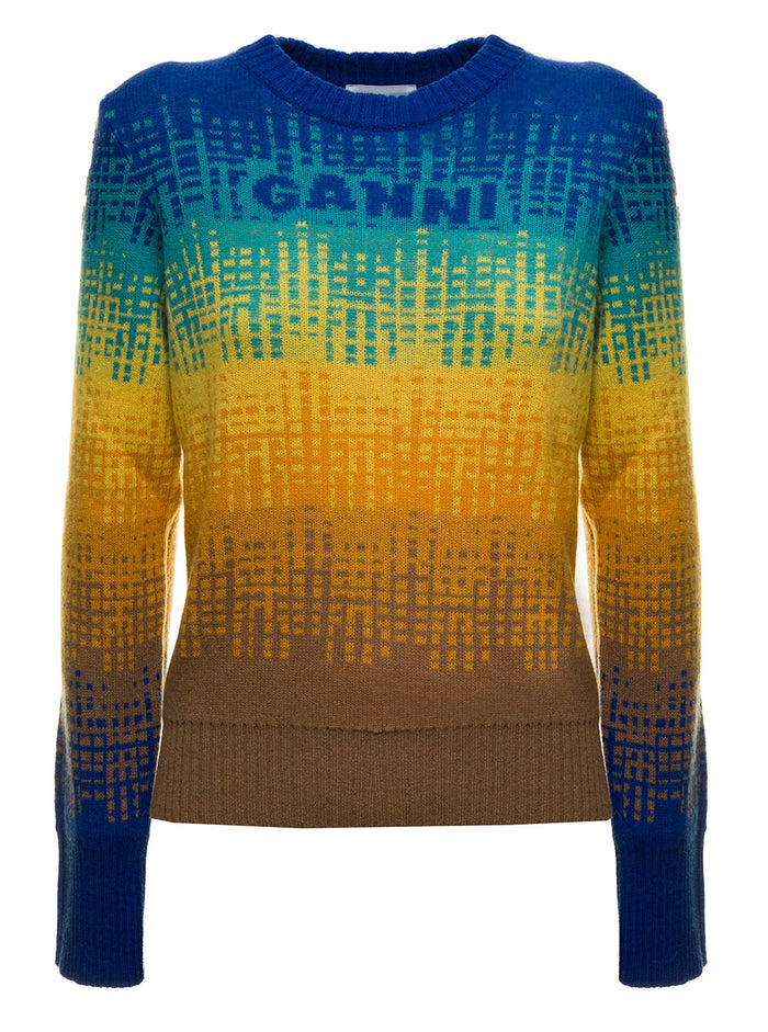 Multicolor Wool Sweater With Gradient Motif And Jacquard Logo Ganni Woman Jersey