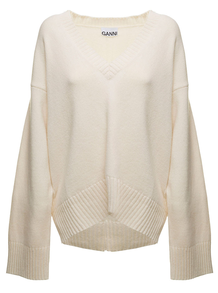 White Sweater Wool With Deep V-Neckline Ganni Woman Sweatshirts