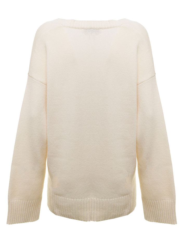 White Sweater Wool With Deep V-Neckline Ganni Woman Sweatshirts