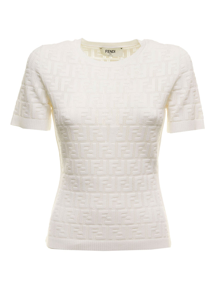 White T-Shirt Ff Knit Fendi Woman Viscose Polyester Polyamide Tshirts And Polo Shirts