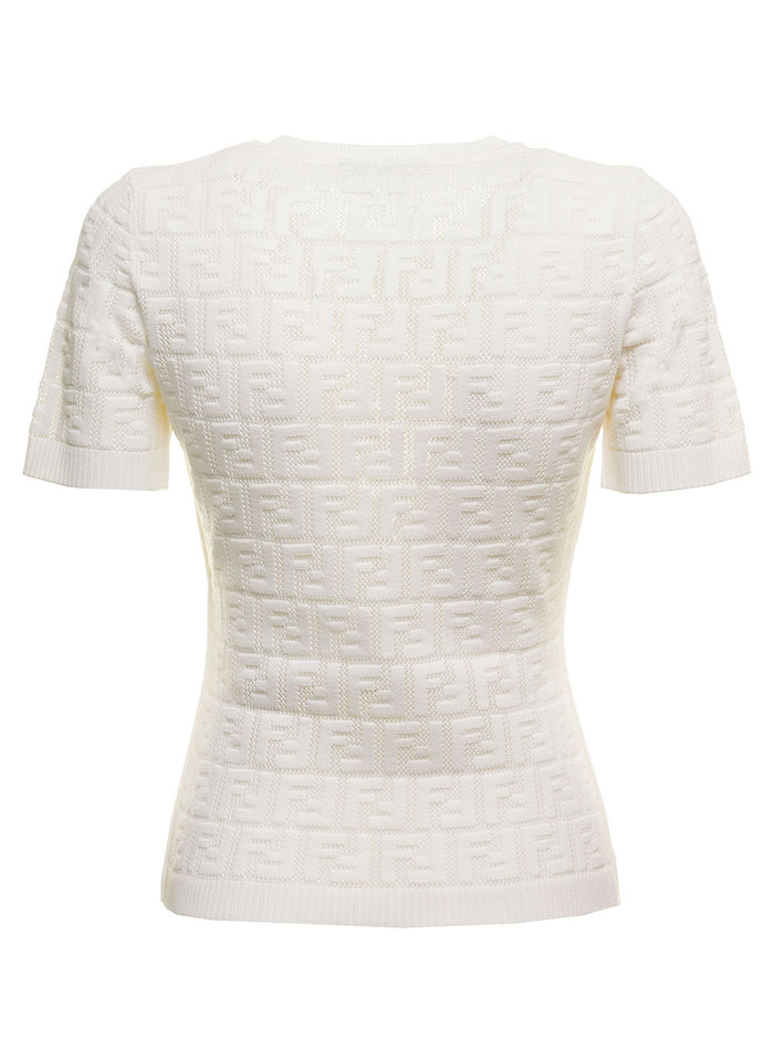 White T-Shirt Ff Knit Fendi Woman Viscose Polyester Polyamide Tshirts And Polo Shirts