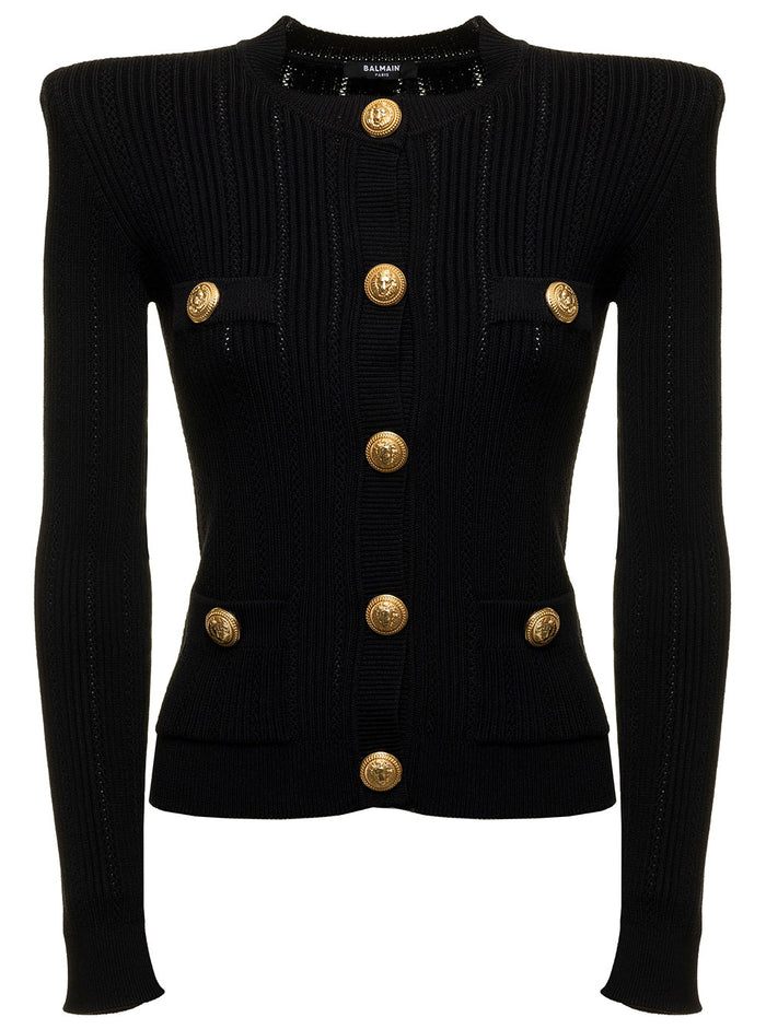Black Cardigan Ribbed Knit With Gold-Tone Dome Buttons And Padded Shoulder Balmain Woman Viscose Polyamide Blazers