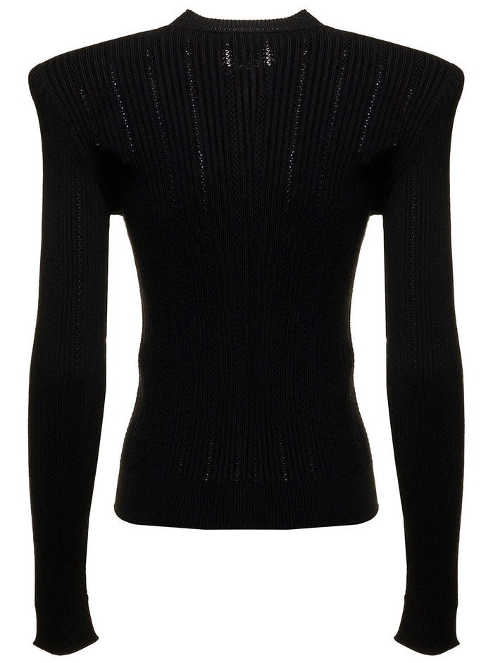 Black Cardigan Ribbed Knit With Gold-Tone Dome Buttons And Padded Shoulder Balmain Woman Viscose Polyamide Blazers