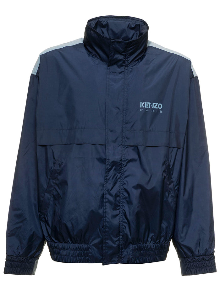 Blue Windbrake Tech Fabric With Logo And Hidden Hood Kenzo Man Blu Polyester Outerwear