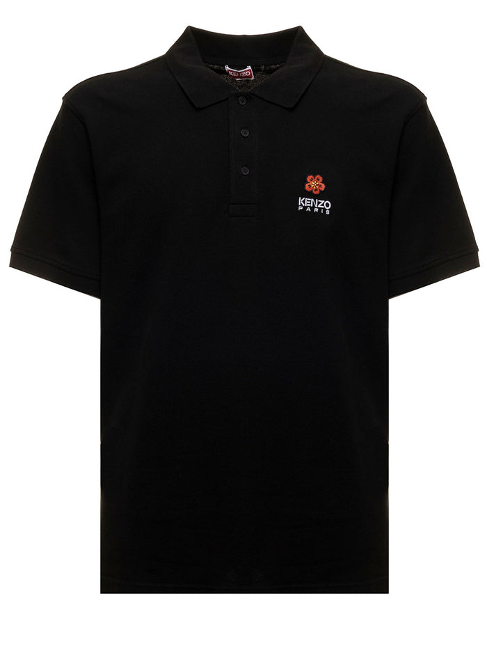 Black Polo Shirt Piquet With Broke Flower Crest Embroidey To The Chest Kenzo Man Cotton Tshirts And