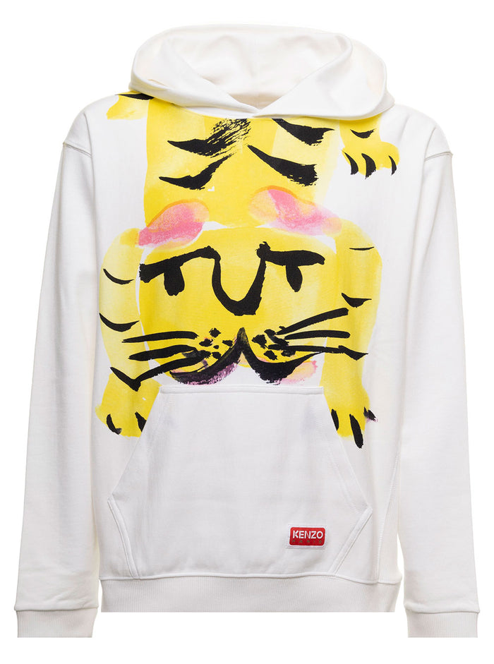White Akae Bowing Tiger Hoodie Cotton With Print And Logo Patch Kenzo Man Sweatshirts