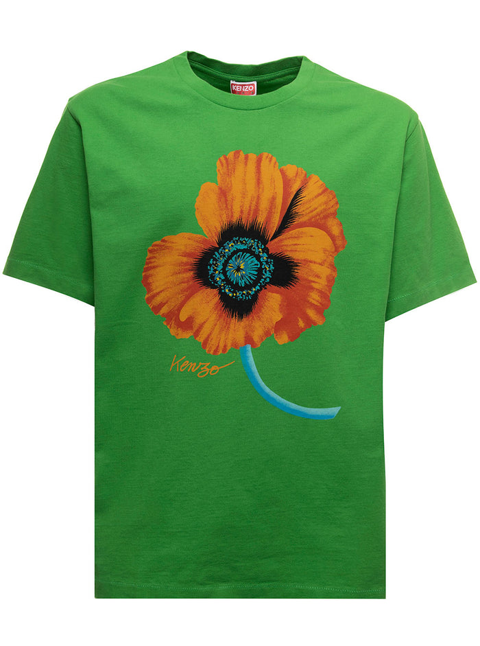 Black T-Shirt Cotton With Poppy Print Kenzo Man Green Tshirts And Polo Shirts