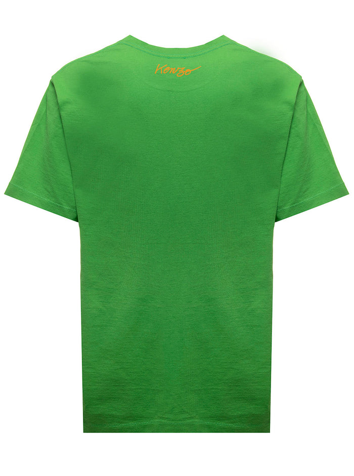 Black T-Shirt Cotton With Poppy Print Kenzo Man Green Tshirts And Polo Shirts