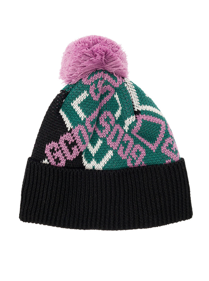 Multicoloured Beanie Jacquar Knit With Allover Logo And Pom Gcds Man Lana Acrilico Hats Gloves