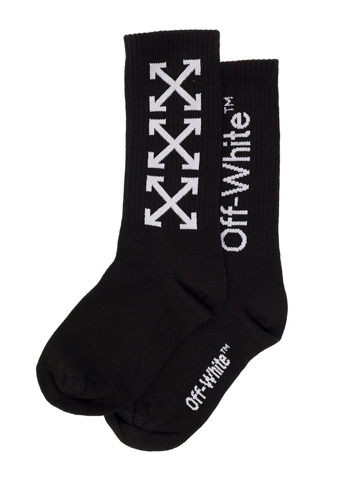 Black Terry Socks With Contrasting Jacquard Logo And Arrow Pattern Off-White Kids Cotton Polyamide Elastan Underwear