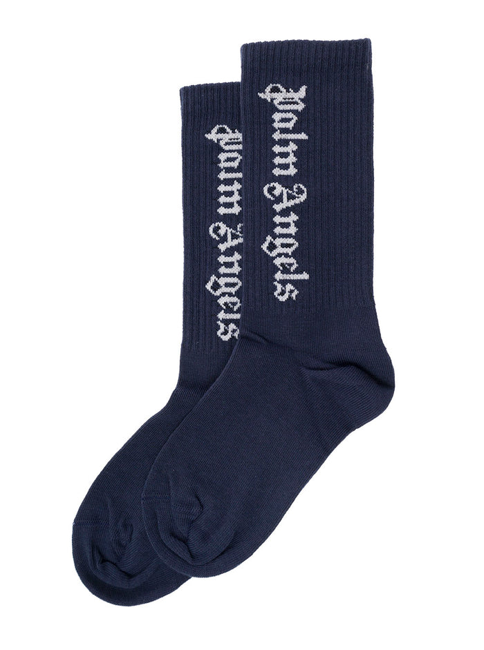 Blue Socks Terry Cloth With Contrasting Jacquard Logo Palm Angels Kids Blu Cotton Polyamide Elastan Underwear