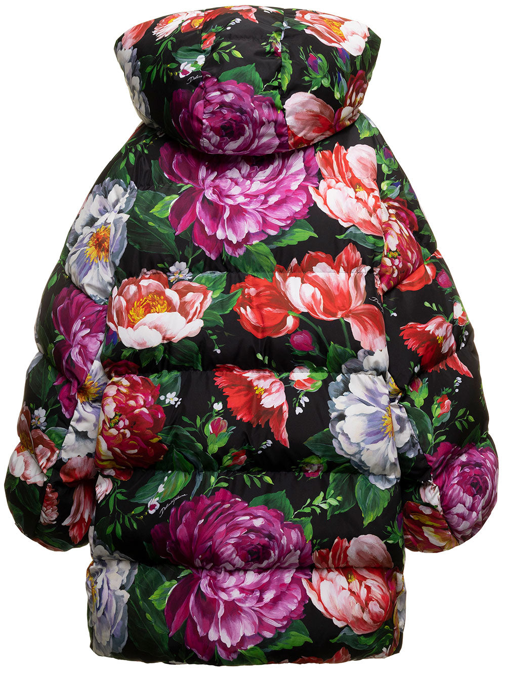 Multicoloured Long Down Jacket Nylon With Pictorial Floral Print Dolce & Gabbana Woman Polyester