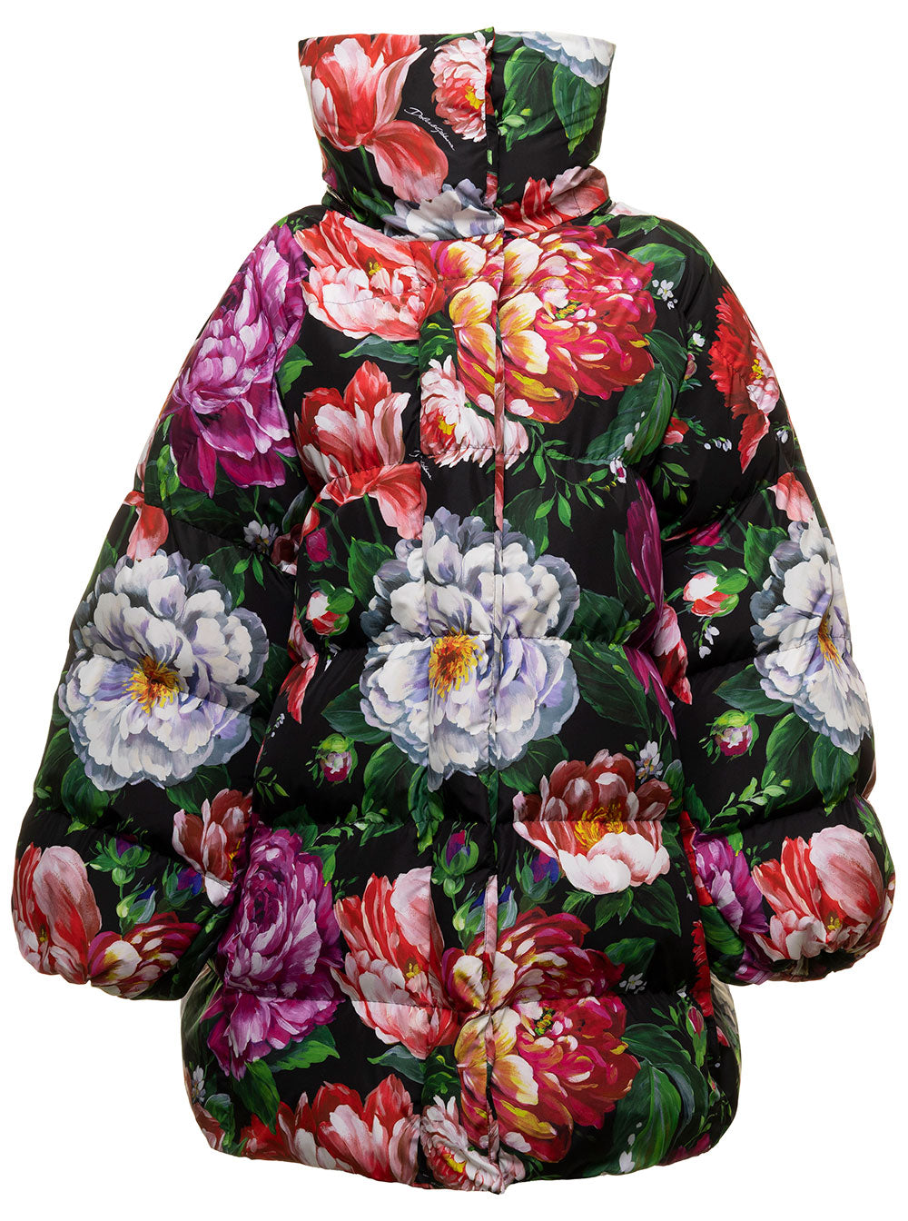 Multicoloured Long Down Jacket Nylon With Pictorial Floral Print Dolce & Gabbana Woman Polyester