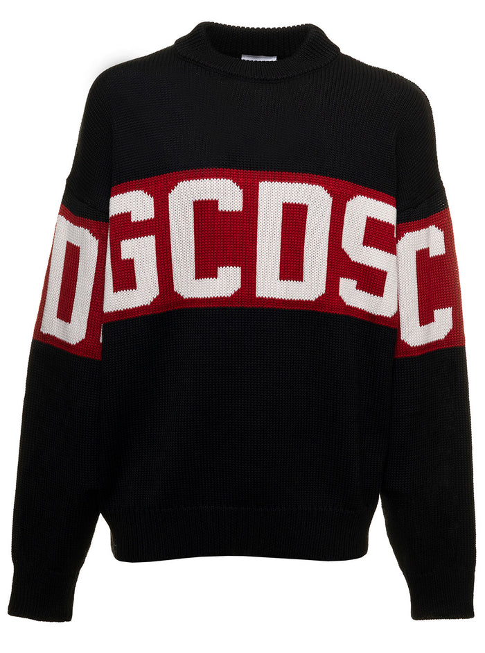 Black Sweater Mixed Wool Knit With Contrast Jacquard Logo Band Gcds Man Wv Pc Jersey