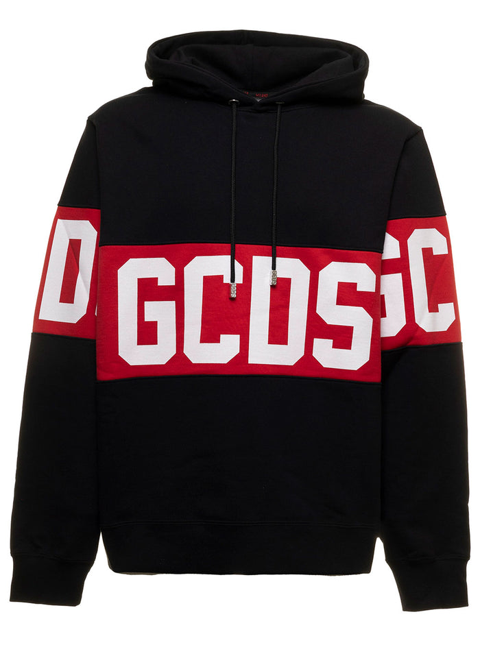 Black Hoodie Fleece Cotton With Contrsasting Logo Band Gcds Man Sweatshirts