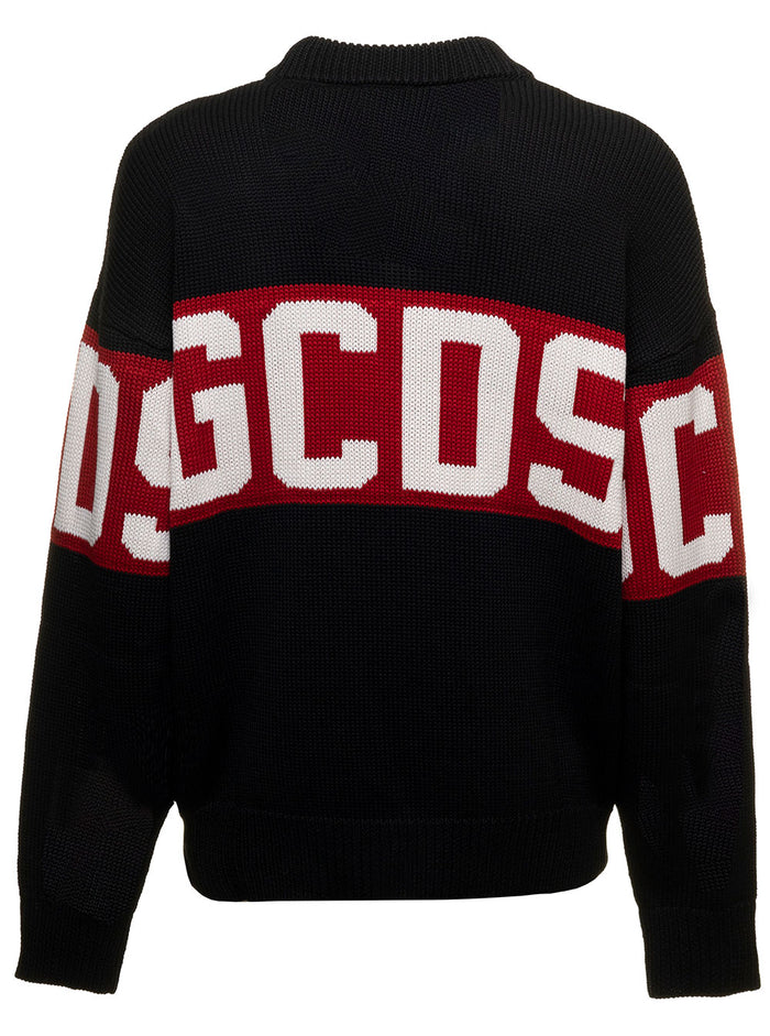 Black Sweater Mixed Wool Knit With Contrast Jacquard Logo Band Gcds Man Wv Pc Jersey
