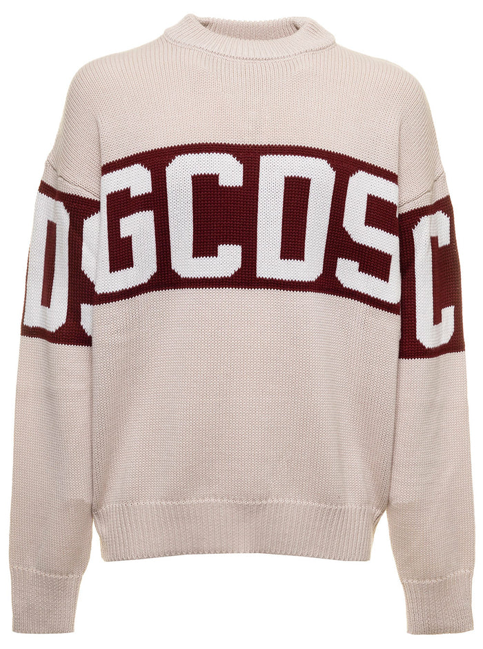 Off White Sweater Mixed Wool Knit With Contrast Jacquard Logo Band Gcds Man Wv Pc Jersey
