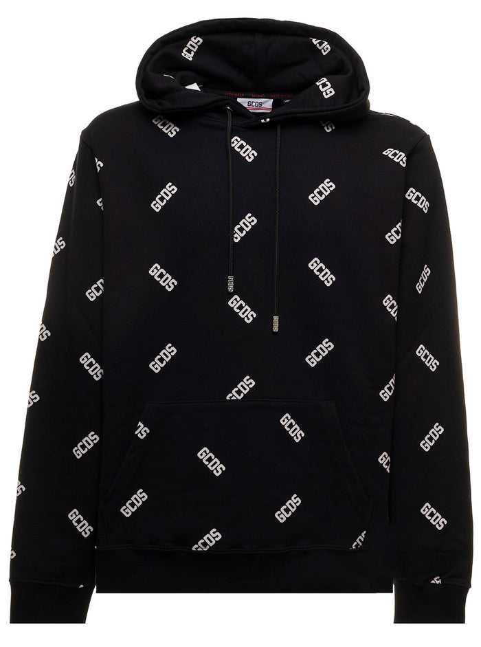 Black Fleece Cotton Hoodie With Allover Contrasting Logo Pattern Gcds Man Sweatshirts