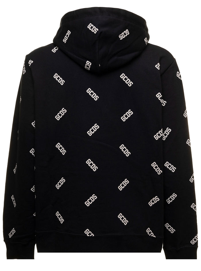 Black Fleece Cotton Hoodie With Allover Contrasting Logo Pattern Gcds Man Sweatshirts