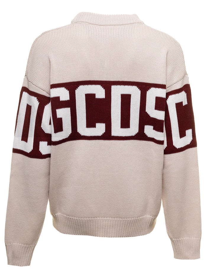 Off White Sweater Mixed Wool Knit With Contrast Jacquard Logo Band Gcds Man Wv Pc Jersey
