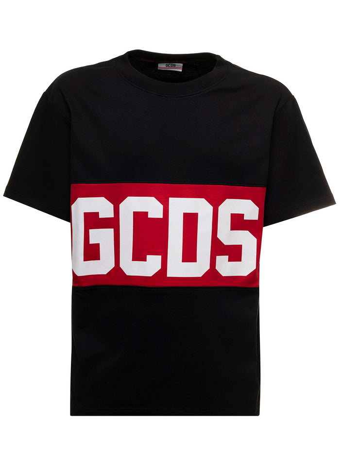 Black T-Shirt Jersey With Contrasting Logo Band On Front And Back Gcds Man Tshirts Polo Shirts