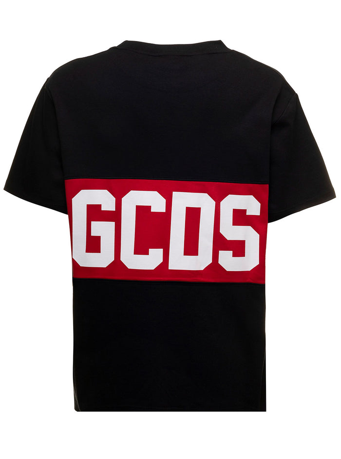 Black T-Shirt Jersey With Contrasting Logo Band On Front And Back Gcds Man Tshirts Polo Shirts