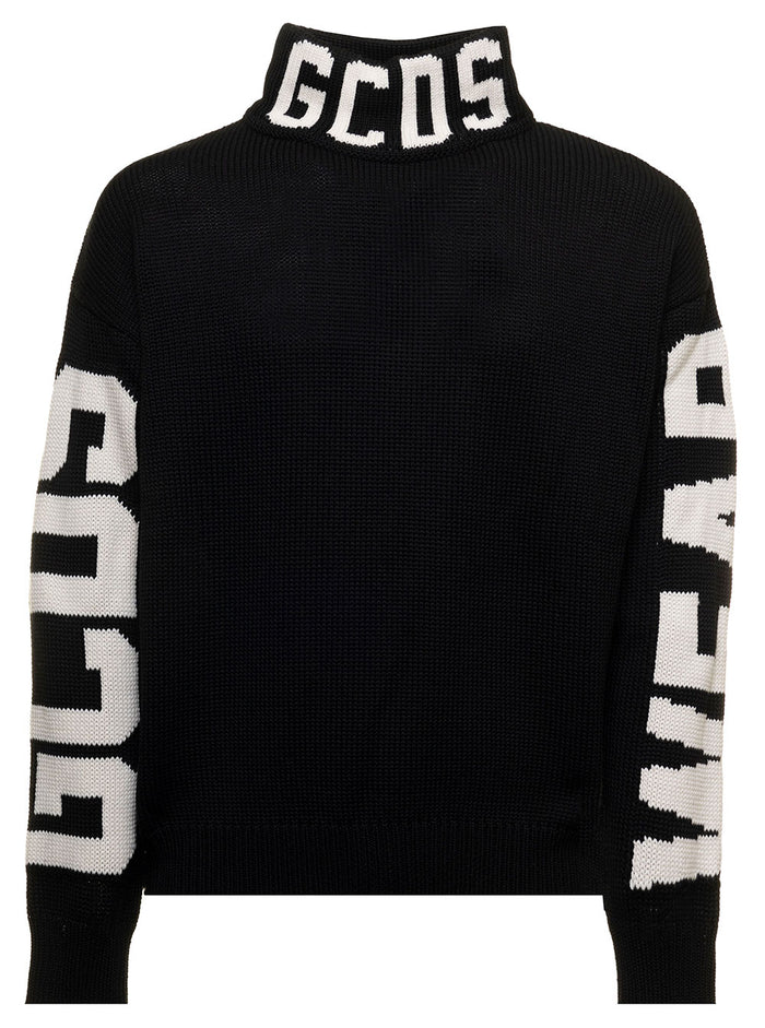 Black Turtleneck Knitted Wool Blend With Contrasting Jacquard Logo On Sleeves And Neck Gcds Man Lana Acrilico Jersey