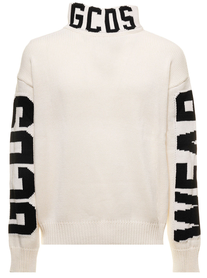 White Turtleneck Knitted Wool Blend With Contrasting Jacquard Logo On Sleeves And Neck Gcds Man Lana Acrilico Jersey
