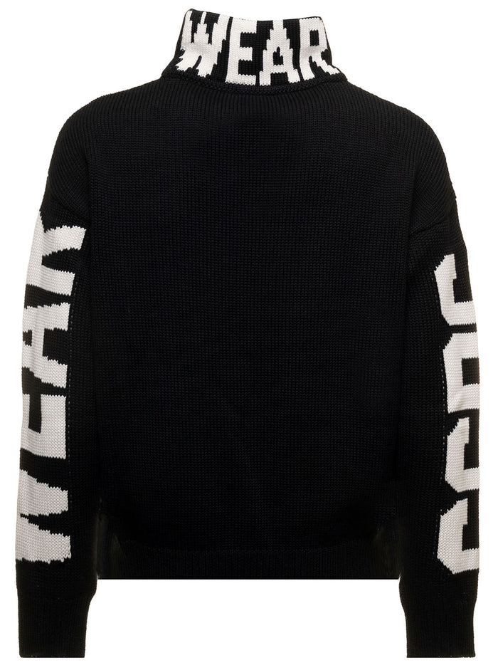 Black Turtleneck Knitted Wool Blend With Contrasting Jacquard Logo On Sleeves And Neck Gcds Man Lana Acrilico Jersey