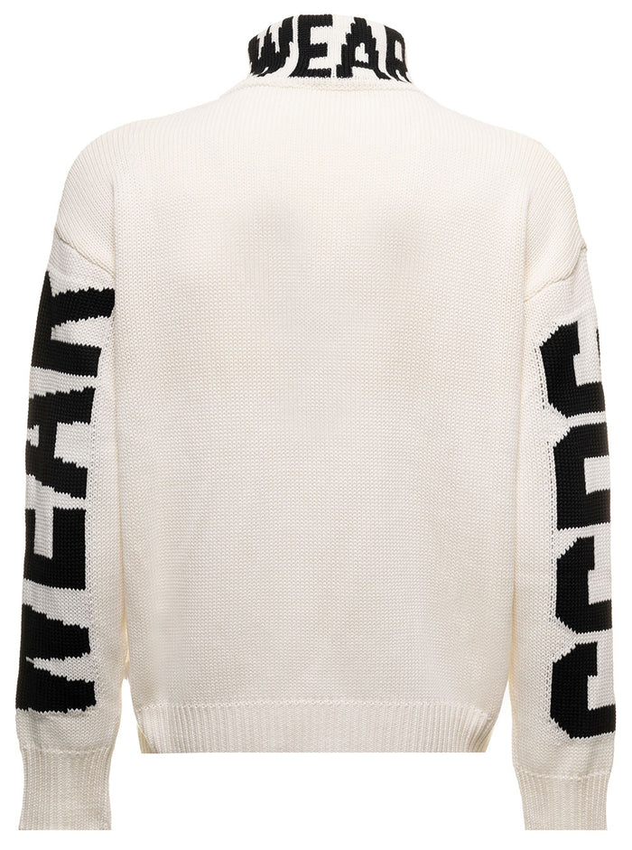 White Turtleneck Knitted Wool Blend With Contrasting Jacquard Logo On Sleeves And Neck Gcds Man Lana Acrilico Jersey