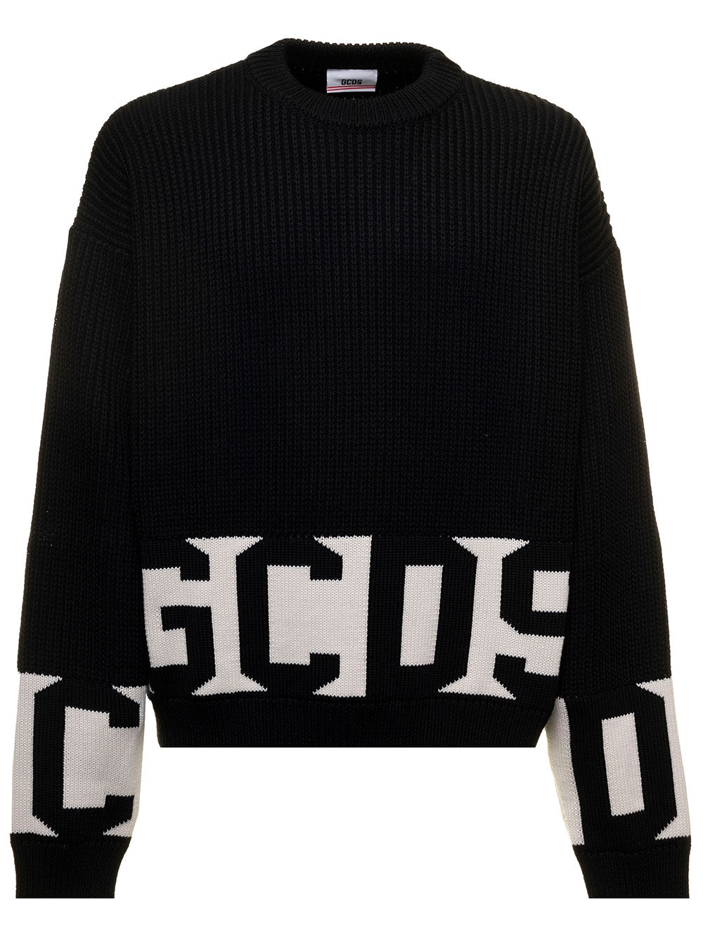 Black Sweater Knit With Contrast Jacquard Logo To The Sleeves And Bottom Gcds Man Collar Jersey